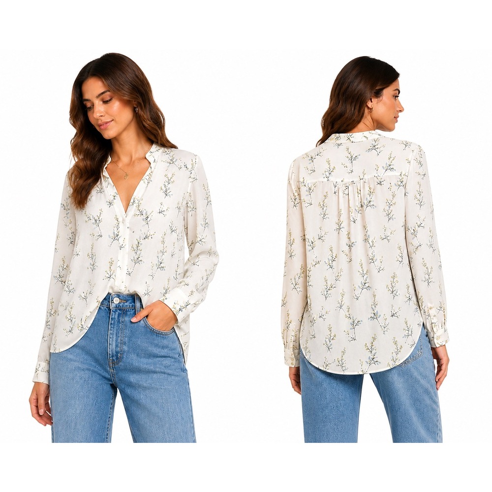 LOFT Blouse Womens MP White Floral Button Down Long‎ Sleeve Petite Cottagecore